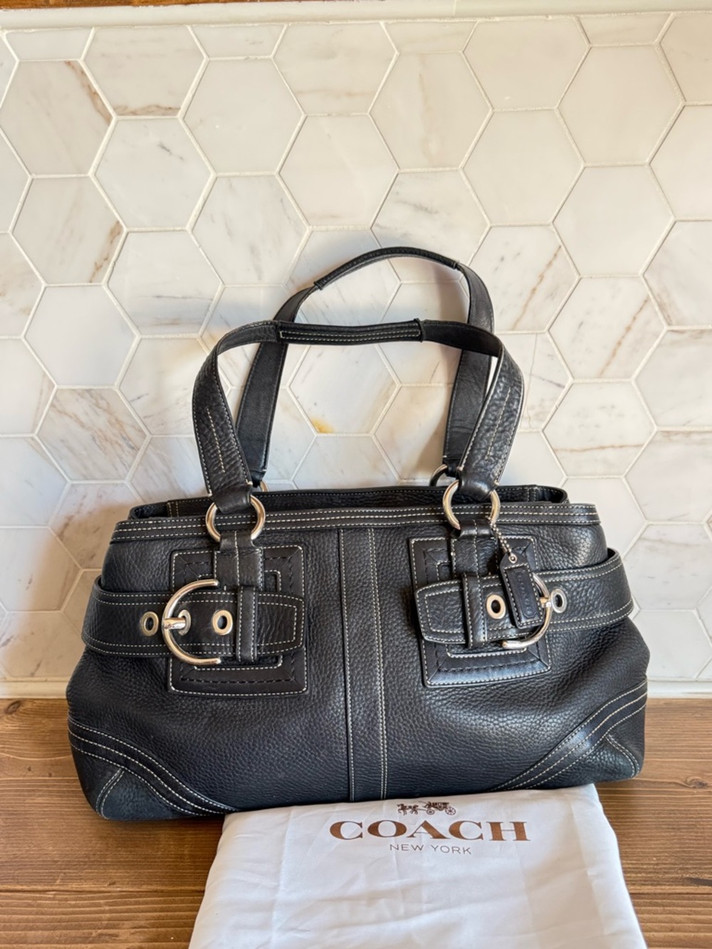 Vtg. Coach Black Pebbled Leather Shoulder Satchel with Buckle Accents